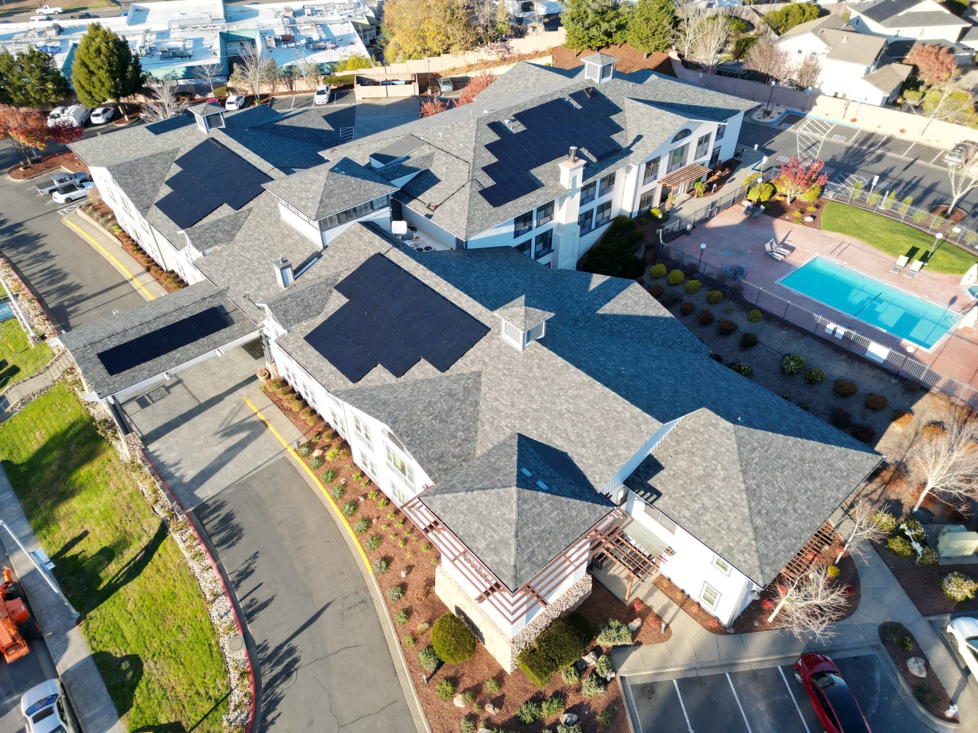Aerial solar installation photographed for Vital Energy’s commercial solar page
